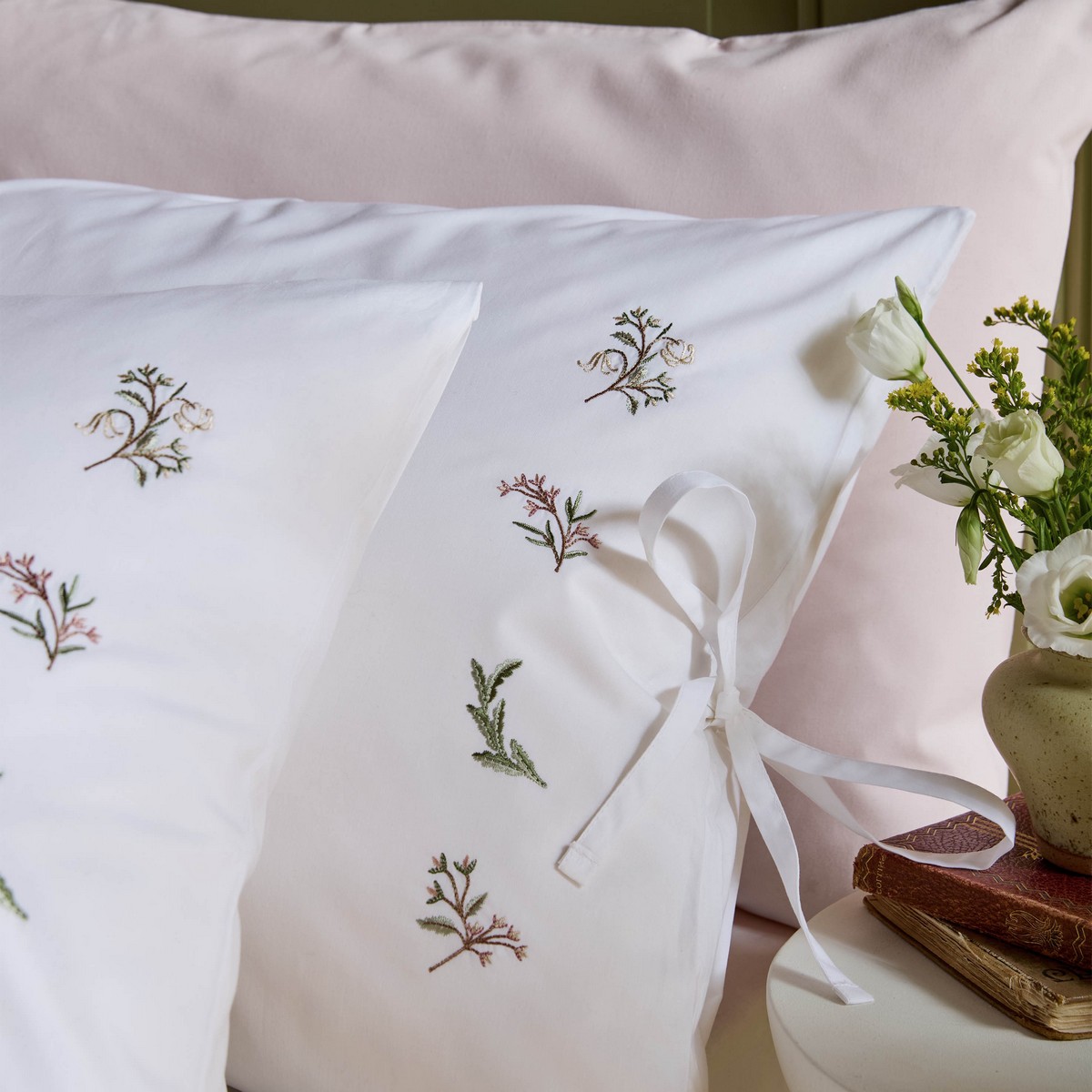 Victoria Sprigs Embroidery Rose Pink Sage Duvet Set Fabric by Historic Royal Palaces - HRPVICTO01SQ