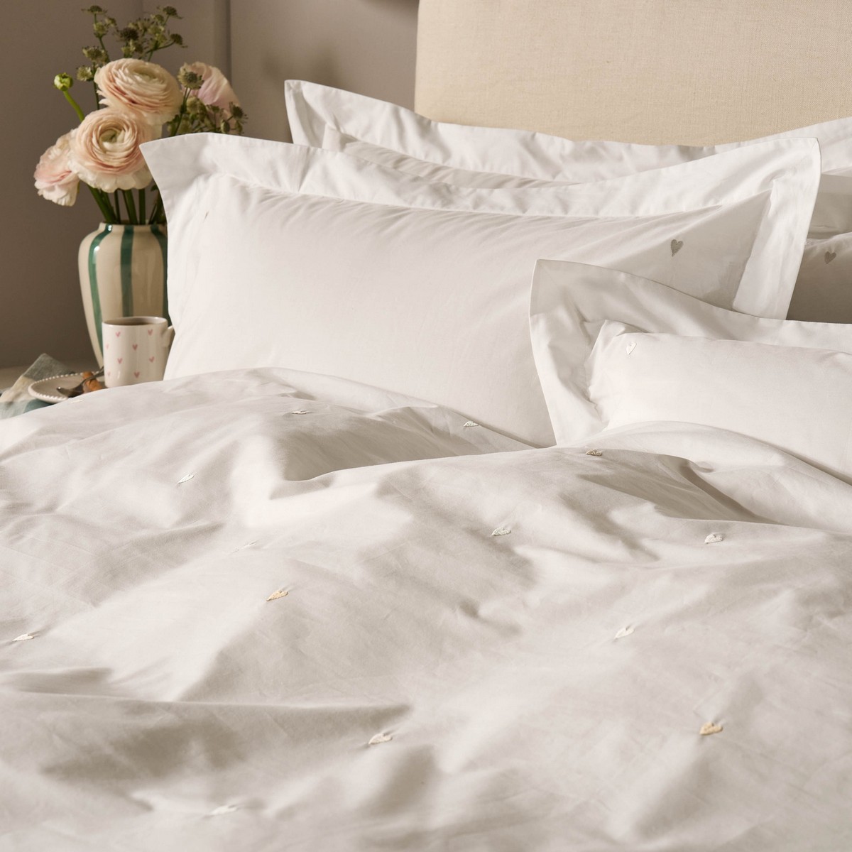 Love Hearts Embroidery Pale Natural Duvet Set Fabric by Sophie Allport - SALOVEHE01SQ